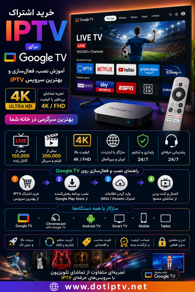 خرید اشتراک IPTV برای Google TV | آموزش نصب، فعال‌سازی و بهترین سرویس IPTV روی گوگل تی وی