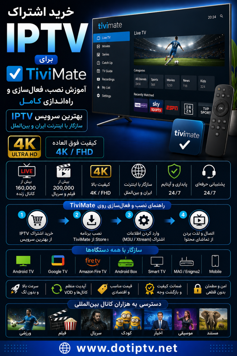 خرید اشتراک IPTV برای TiviMate | آموزش نصب، فعال‌سازی و راه‌اندازی کامل TiviMate